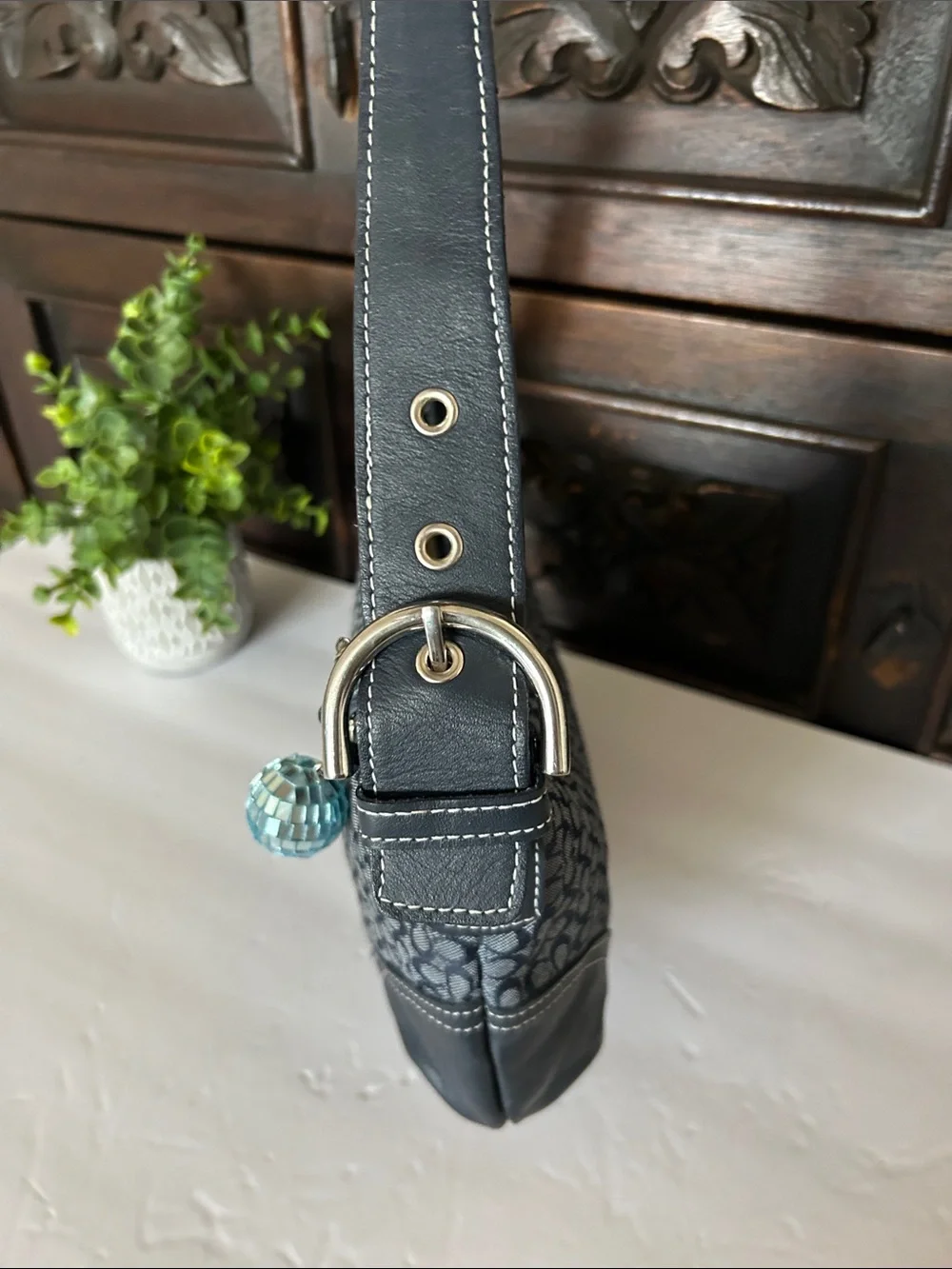 Beautiful Navy Signature Canvas Hobo with Leather Trim